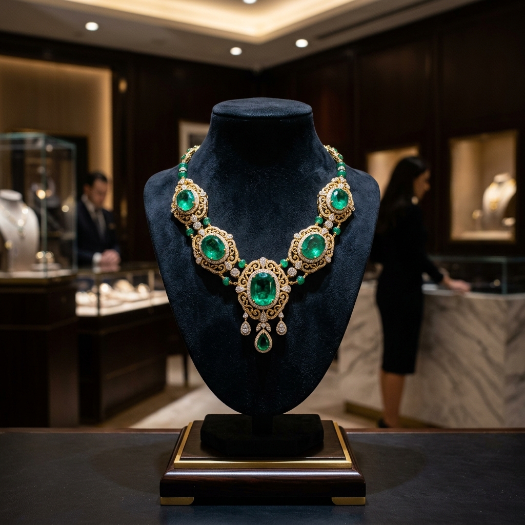 Gold Emerald Necklace Display